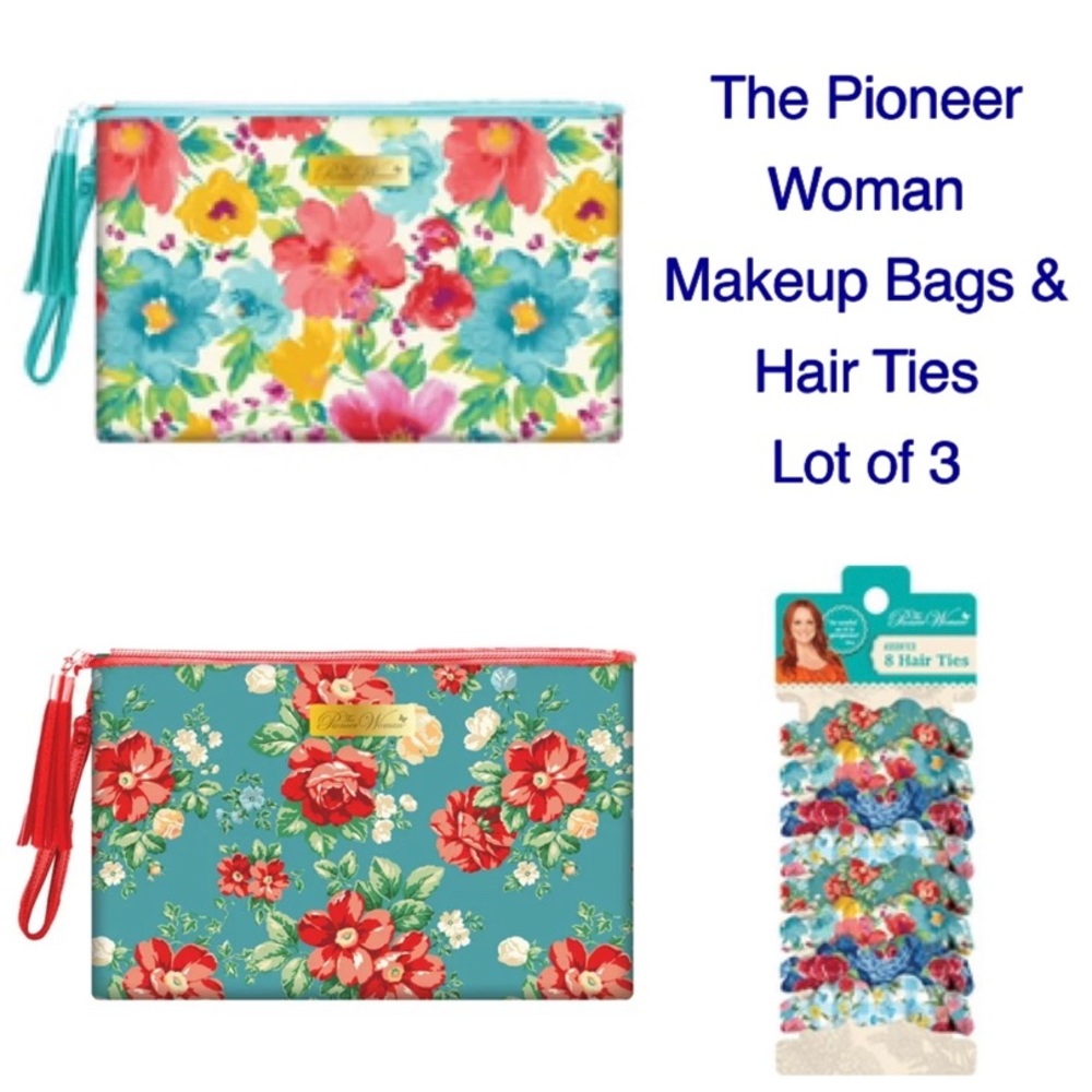🆕The Pioneer Woman Cosmetic Floral Zippered Makeup Bags (2) & Hair Ties Lot